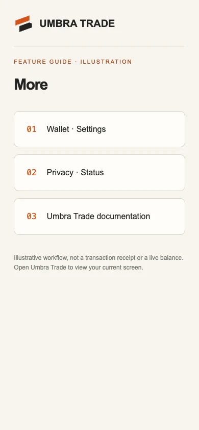 The More sheet on a phone: the balance, the six places, Deposit and Withdraw, then Privacy, Settings, Status and Demo.