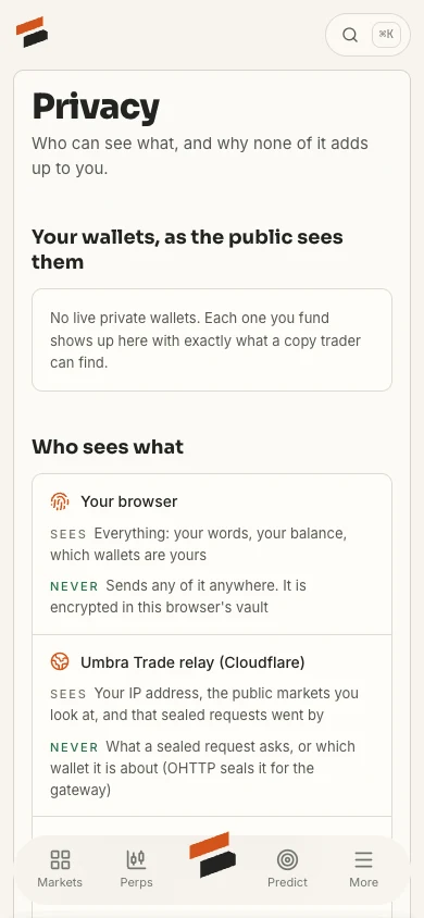 The Privacy screen on mitoshi.xyz: Your wallets as the public sees them, then Who sees what with a row for each party, then what Umbra Trade does so nothing links.