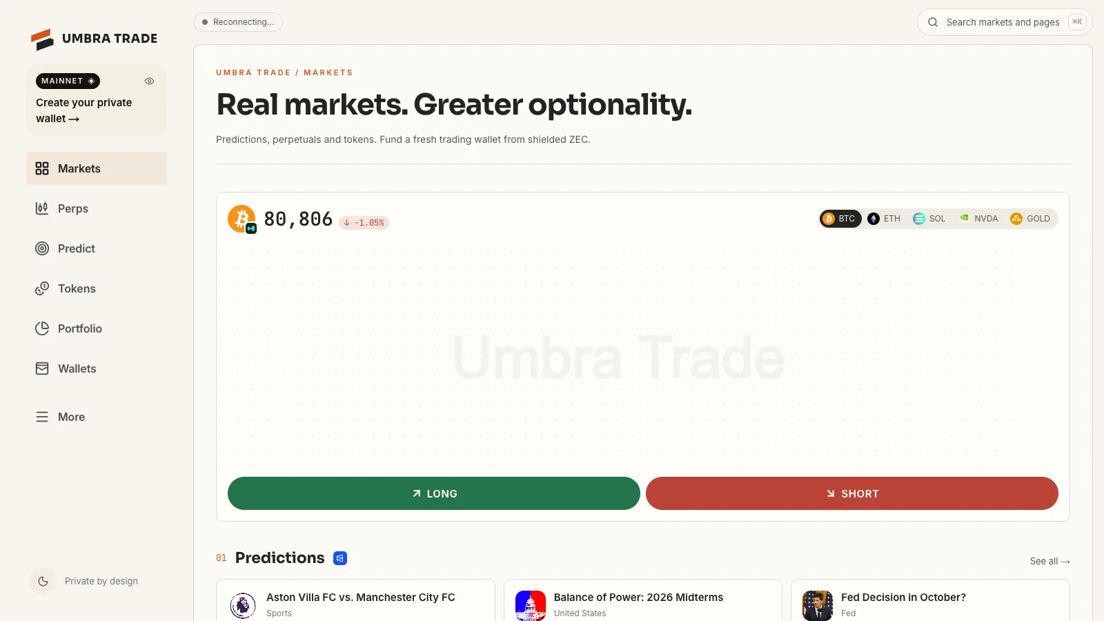 The Markets screen on umbra-trade.vercel.app: a BTC price card with Long and Short, then Predictions from Polymarket with live odds.