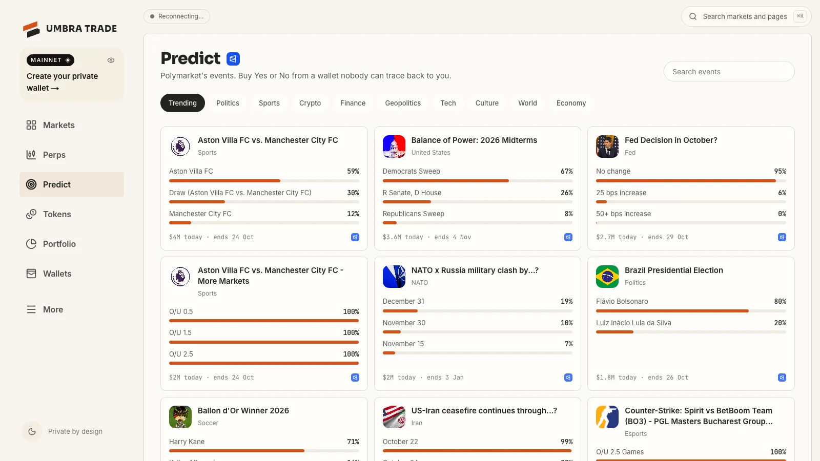 The Predict screen on umbra-trade.vercel.app: Polymarket's events in cards with their live odds, a search box and category pills.