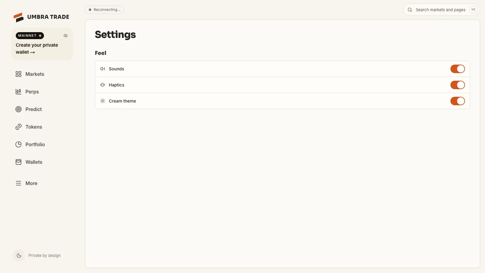 Settings on umbra-trade.vercel.app: Security with Recovery words, Backup file and Passphrase lock, then Find wallets from your words.