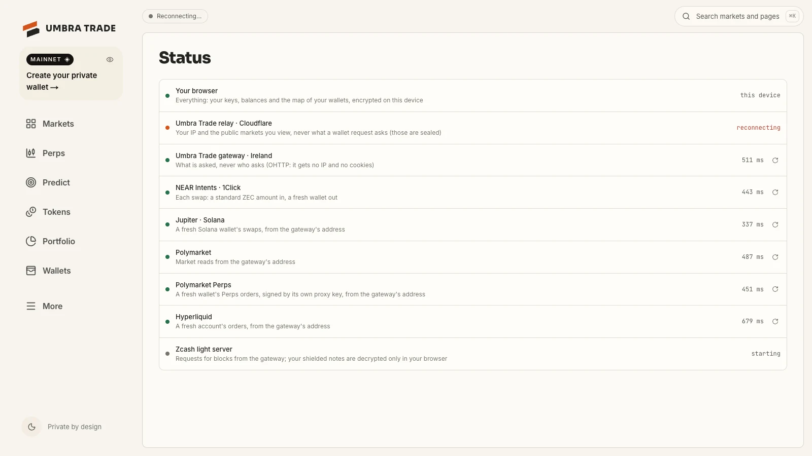 The Status screen on umbra-trade.vercel.app: Your browser, the Umbra Trade relay, the gateway in Ireland, NEAR Intents, Jupiter, Polymarket, Polymarket Perps, Hyperliquid and the Zcash light server, each with its response time.