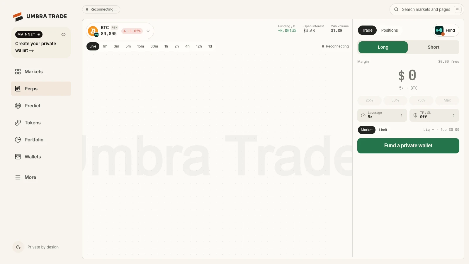 The Hyperliquid terminal in Umbra Trade for BTC: the price, one-hour candles, and on desktop the ticket with Margin, leverage and the button to fund a private wallet.
