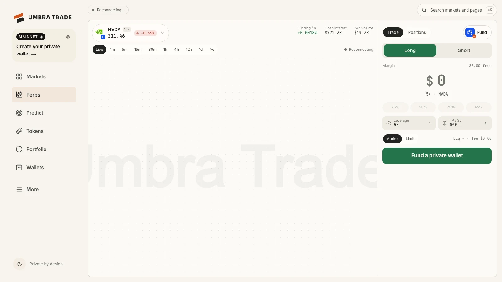 The NVIDIA perps terminal with one-hour candles and the ticket.